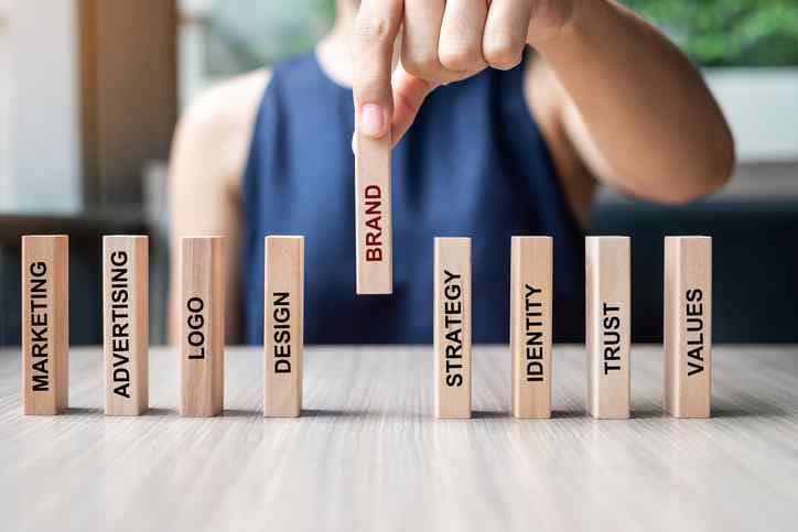 Businesswoman placing wooden Dominoes with BRAND text, and Marketing, Advertising, Strategy, Identity, Trust, Values & more.