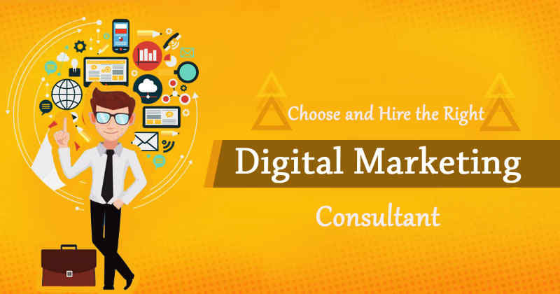Cartoon man with a cloud of apps around him and the words, "Choose & hire the right digital marketing consultant."