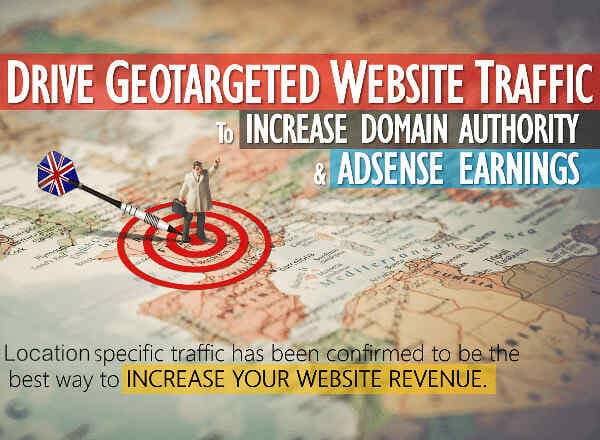 Map with a bullseye with a dart in it, reading geotargeting website traffic